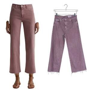 AG | Saige Mauve Mid Rise Raw Hem Designer Japanese Denim Wide Leg Crop Jeans 27